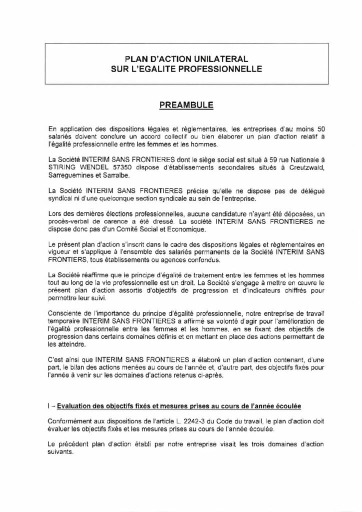 Plan d'action unilatéral sur l'égalité professionnelle
