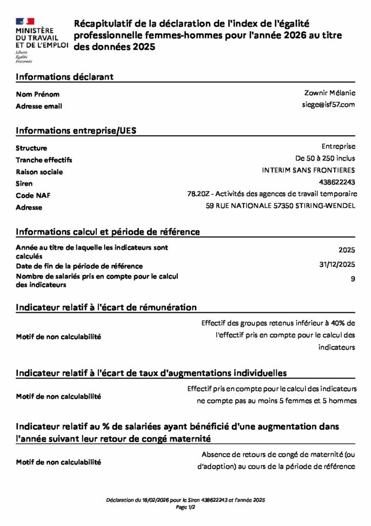 Récapitulatif de la déclaration de l'index de l'égalité professionnelle femmes-hommes pour l'année 2026 au titre des données 2025