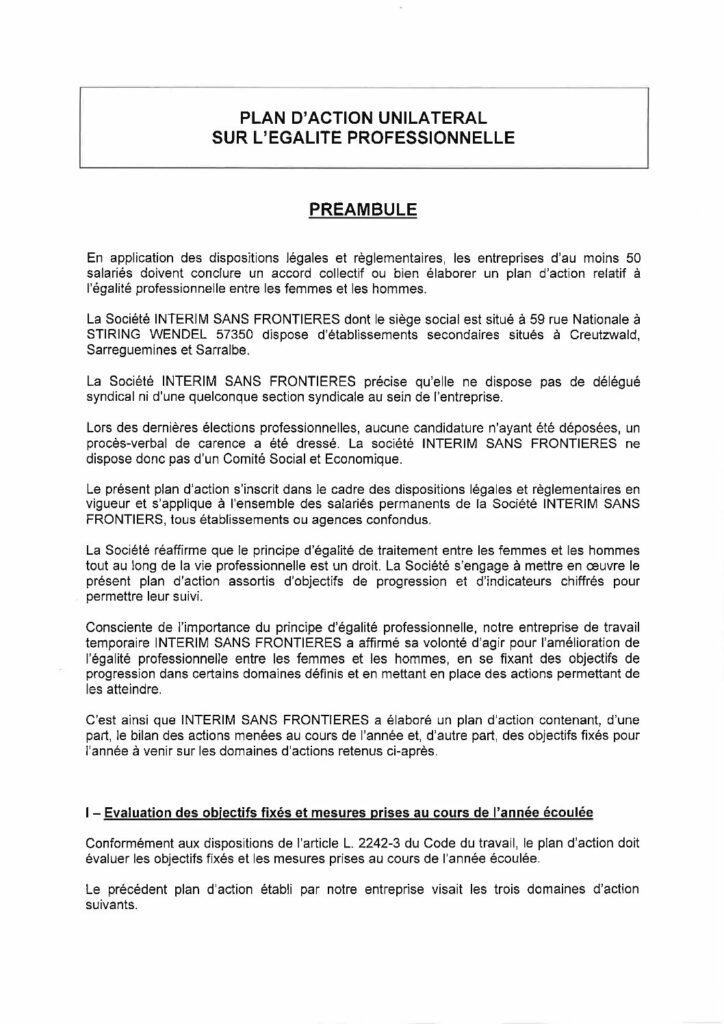Plan d'action unilatéral sur l'égalité professionnelle